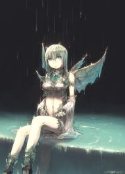 Rule 34 | 1girl, absurdres, angel, angel wings, bare shoulders, clothing cutout, dated, dripping, fairy, fairy wings, green eyes, green hair, green wings, hair between eyes, highres, long hair, navel, navel cutout, open hands, original, parted lips, rain, see-through, signature, sitting, sketch, solo, torn, torn wings, water, waterfall, wet, wings, zeniyan