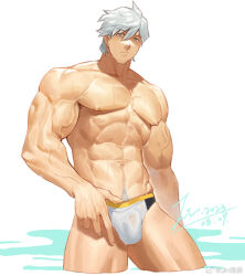 Rule 34 | 1boy, abs, bara, black male swimwear, blue eyes, bulge, cropped legs, fate/grand order, fate (series), hair between eyes, jin (sirius-j), large pectorals, looking at viewer, male focus, male swimwear, multicolored male swimwear, muscular, muscular male, navel, navel hair, pectorals, percival (fate), see-through, short hair, solo, stomach, strongman waist, thick thighs, thighs, topless male, veins, veiny arms, wet male swimwear, white hair, white male swimwear