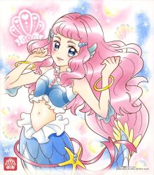 Rule 34 | 1girl, blue eyes, blush, bracelet, fins, head fins, highres, jewelry, laura la mer, long hair, mermaid, midriff, monster girl, official art, pearl hair ornament, pink hair, precure, solo, third-party source, tropical-rouge! precure