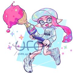 Rule 34 | 1girl, artist name, baseball cap, commentary request, commission, eyebrow cut, fangs, full body, green eyes, hat, high tops, highres, holding, holding weapon, inkbrush (splatoon), inkling, inkling girl, inkling player character, korean commentary, long hair, looking at viewer, nintendo, open mouth, pink hair, pointy ears, print sweater, shoes, smile, sneakers, solo, sparkle, splatoon (series), splatoon 3, sweater, tentacle hair, thick eyebrows, ufo sw, watermark, weapon, white footwear, white sweater