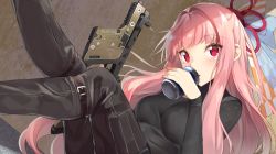 Rule 34 | 1girl, black pants, black shirt, blush, bow, can, commentary request, gun, hair bow, hair ribbon, holding, holding can, holding gun, holding weapon, kotonoha akane, long hair, long sleeves, pants, parted lips, pink hair, red eyes, red ribbon, ribbon, shirt, solo, very long hair, voiceroid, weapon, weapon request, yappen