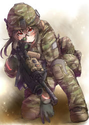 Rule 34 | 1girl, ayyh, gun, helmet, highres, holding, holding gun, holding weapon, kneeling, military, military uniform, on one knee, red eyes, rifle, safety glasses, soldier, solo, uniform, weapon