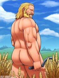 Rule 34 | 1boy, absurdres, bara, baramantik, belly, blonde hair, cloud, cloudy sky, completely nude, facing to the side, farmer, feet out of frame, from behind, full beard, grin, hay, highres, ketil, laughing, male focus, mature male, medium hair, muscular, muscular male, nude, old, old man, pectorals, plump, sky, smile, solo, standing, thick beard, thick mustache, thick thighs, thighs, vinland saga, weapon request, wrinkled skin