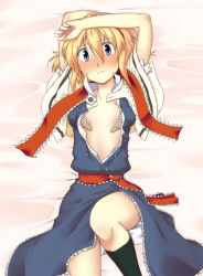 Rule 34 | 1girl, alice margatroid, bed, blonde hair, blue eyes, blush, female focus, from above, hairband, lying, on back, open clothes, open shirt, shirt, short hair, solo, tears, touhou, uro (urotanc)