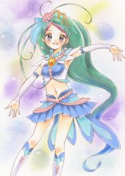 Rule 34 | 1girl, :d, blue eyes, blush, cure mermaid, earrings, female focus, go! princess precure, gradient background, green hair, highres, jewelry, kaidou minami, long hair, looking at viewer, magical girl, marker (medium), midriff, multicolored hair, navel, open mouth, outstretched arms, ponytail, precure, purple hair, shell, shell earrings, smile, solo, traditional media, two-tone hair, very long hair, watayuki