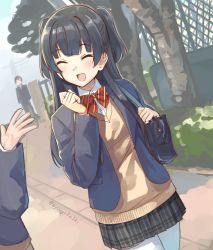 Rule 34 | 1girl, :d, ^ ^, bag, black hair, black jacket, blazer, blunt bangs, blush, bow, bowtie, brown cardigan, byougaku, cardigan, closed eyes, collared shirt, commentary request, grey shirt, idolmaster, idolmaster shiny colors, jacket, long hair, long sleeves, mayuzumi fuyuko, open clothes, open jacket, open mouth, outdoors, plaid, plaid skirt, pleated skirt, school bag, school uniform, shirt, skirt, smile, solo, thighhighs, twitter username, two side up, white shirt, white thighhighs