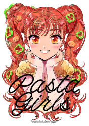 Rule 34 | 1girl, blush, earrings, english text, food, food-themed hair ornament, food art, grin, hair ornament, head rest, highres, jewelry, long hair, looking at viewer, nail polish, orange eyes, orange hair, original, puffy short sleeves, puffy sleeves, red nails, see-through, see-through sleeves, short sleeves, smile, solo, straight-on, sunshine creation, symbol in eye, tako-san wiener, twintails, wavy hair, zekkyou (h9s9)