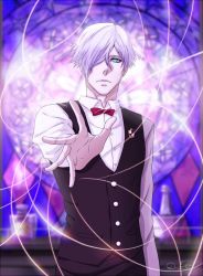 Rule 34 | 10s, 1boy, artist name, blue eyes, death parade, decim (death parade), divineimmortality, hair over one eye, jpeg artifacts, looking at viewer, male focus, solo, vest, white hair