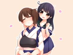 Rule 34 | 10s, 2girls, armor, black hair, brown eyes, brown hair, closed eyes, japanese clothes, kaga (kancolle), kantai collection, massage, multiple girls, muneate, nogi (noooog), open mouth, personification, ponytail, school uniform, shoulder massage, side ponytail, ushio (kancolle)