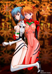 Rule 34 | 2girls, :d, arm around waist, artist name, ass, ayanami rei, bad id, blue eyes, blue hair, bodysuit, breasts, brown hair, censored, closed mouth, commentary, dated, expressionless, hair between eyes, interface headset, kikumaru bunta, kneeling, long hair, looking at viewer, medium breasts, mosaic censoring, multiple girls, neon genesis evangelion, nipples, open mouth, orange background, parted lips, pilot suit, plugsuit, pussy, red bodysuit, red eyes, see-through, see-through bodysuit, sefirot, short hair, smile, souryuu asuka langley, translucent, white bodysuit
