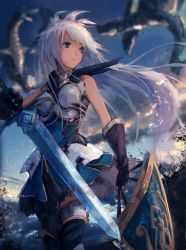 Rule 34 | 10s, 1girl, armor, blue sky, blurry, boots, breastplate, brown eyes, cloud, cloudy sky, dark-skinned female, dark skin, depth of field, fantasy, feathered wings, floating hair, frown, granblue fantasy, highres, holding, holding shield, holding sword, holding weapon, looking to the side, outdoors, rean (r ean), shield, sky, sleeveless, solo, sword, thigh boots, thighhighs, weapon, white hair, white thighhighs, wings, zooey (granblue fantasy)