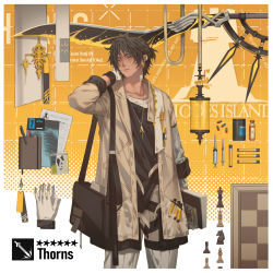 Rule 34 | 1boy, arknights, bag, bandaid, bandaid on face, bandaid on neck, black hair, character name, chess piece, chessboard, closed mouth, commentary, dark-skinned male, dark skin, english commentary, file, gloves, hand on own neck, highres, jacket, jewelry, male focus, manjyufroth, necklace, pants, paper, pen, pill, pill bottle, rhodes island logo (arknights), shirt, shoulder bag, simple background, solo, star (symbol), sword, syringe, thorns (arknights), vial, weapon, white gloves, yellow eyes