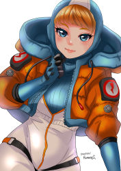 Rule 34 | 1girl, animification, apex legends, artist name, blue bodysuit, blue eyes, blue gloves, blue headwear, bodysuit, cable, clenched hand, dated, facial scar, gloves, highres, hood, hooded bodysuit, hooded jacket, jacket, light smile, looking at viewer, orange jacket, ramune02, ribbed bodysuit, scar, scar on cheek, scar on face, smile, solo, wattson (apex legends), white bodysuit