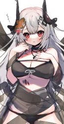 Rule 34 | 1girl, arknights, bad id, bad twitter id, bare shoulders, bikini, black bikini, black ribbon, blush, breasts, cleavage, commentary request, cowboy shot, flower, hair flower, hair ornament, hand on own chest, highres, horns, infection monitor (arknights), jewelry, large breasts, long hair, looking at viewer, material growth, moti yousei, mudrock (arknights), mudrock (silent night) (arknights), necklace, official alternate costume, orange flower, oripathy lesion (arknights), parted lips, red eyes, red flower, ribbon, see-through, silver hair, simple background, sketch, solo, swimsuit, translation request, underboob, very long hair, white background