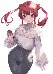Rule 34 | 1girl, alternate costume, black pants, blush, casual, cellphone, cowboy shot, criss-cross halter, curvy, earphones, frilled shirt, frills, hair ornament, hair scrunchie, halterneck, heterochromia, highres, hololive, houshou marine, long hair, long sleeves, looking at viewer, nail polish, open mouth, pants, phone, red eyes, red hair, red nails, red scrunchie, scrunchie, shirt, simple background, sleeves past wrists, smartphone, smile, solo, twintails, virtual youtuber, white background, white shirt, yellow eyes, yoshimoto (dear life)