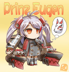 Rule 34 | 1girl, antenna hair, azur lane, boots, chibi, finger to mouth, fox mask, garter straps, gloves, hair ornament, hisahiko, long hair, long sleeves, machinery, mask, military, military uniform, prinz eugen (azur lane), red eyes, signature, silver hair, solo, striped, striped background, thought bubble, turret, two side up, uniform