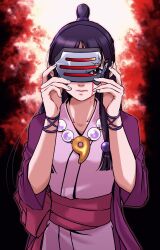 Rule 34 | 1girl, ace attorney, bead necklace, beads, black hair, blood, blood on face, brown eyes, closed mouth, collarbone, fingernails, hair beads, hair ornament, hanten (clothes), highres, japanese clothes, jewelry, long hair, magatama, magatama necklace, mask, maya fey, necklace, one eye covered, ragi (od6fine), solo, topknot
