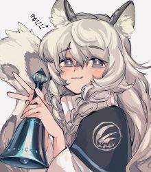 Rule 34 | 1girl, :3, animal ears, arknights, bell, black cape, blush, braid, cape, grey background, grey hair, hair between eyes, hands up, highres, holding, holding bell, leopard ears, leopard girl, leopard tail, long hair, looking at viewer, mmm ma pmpm, pramanix (arknights), ribbed sweater, side braids, simple background, solo, sweater, tail, tail raised, turtleneck, turtleneck sweater, upper body, v, white sweater