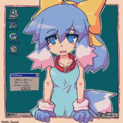 1girl animal_collar animal_ears belt_collar blue_dress blue_eyes blue_gloves blue_hair blush_stickers bow collar collarbone commentary_request daken_inumori desktop_(computing) dog_ears dog_girl dog_tail dress eyes_visible_through_hair fang floppy_ears gloves hair_between_eyes hair_bow highres icon_(computing) inu-t long_hair nt-tan open_mouth os-tan ponytail red_collar sleeveless sleeveless_dress solo tail taskbar through_medium through_screen translation_request window_(computing) windows_logo yellow_bow