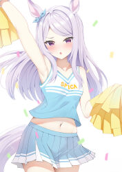 Rule 34 | 1girl, absurdres, animal ears, aqua bow, arm up, armpits, bare shoulders, blue skirt, blush, bow, cheerleader, commentary request, confetti, cowboy shot, ear bow, highres, holding, holding pom poms, horse ears, horse girl, horse tail, long hair, mejiro mcqueen (umamusume), midriff, navel, open mouth, pleated skirt, pom pom (cheerleading), pom poms, purple eyes, purple hair, rei (ilust9999), shirt, simple background, skirt, sleeveless, sleeveless shirt, solo, tail, umamusume, white background