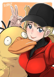 Rule 34 | 1girl, :p, arm up, artist name, blonde hair, blue eyes, border, butcha-u, creatures (company), detective pikachu, detective pikachu (movie), eyelashes, game freak, gen 1 pokemon, hat, looking at viewer, lucy stevens, nintendo, pokemon, pokemon (creature), ponytail, psyduck, smile, tongue, tongue out, upper body, v, white border