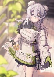 Rule 34 | 1girl, absurdres, arknights, asymmetrical sleeves, black skirt, blurry, blurry background, bottle, breasts, bun cover, cleavage, cleavage cutout, clothing cutout, commentary request, depth of field, double bun, feet out of frame, gloves, green gloves, grey eyes, grey hair, hair between eyes, hair bun, highres, holding, long hair, long sleeves, looking at viewer, medium breasts, mulberry (arknights), mulberry (plant crude drug) (arknights), nora (arumi kotatu), parted lips, plant, puffy short sleeves, puffy sleeves, short sleeves, single glove, skirt, solo, spray bottle, very long hair