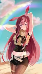 Rule 34 | 1girl, absurdres, animal ears, arknights, armpits, arms behind head, arms up, belt, black shirt, black shorts, blush, breasts, check commentary, cloud, cloudy sky, commentary, commentary request, crop top, day, desert, dripping, hair between eyes, highres, hot, long hair, looking at viewer, medium breasts, midriff, navel, outdoors, pantyhose, purple eyes, rabbit ears, rabbit girl, rainbow, ray (arknights), red hair, shirt, short shorts, shorts, sky, sleeveless, solo, sweat, thighs, very long hair, very sweaty, ying wei jin inexistenec