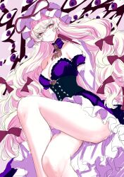 Rule 34 | 1girl, bare shoulders, blonde hair, breasts, cleavage, crossed legs, dress, gloves, hand fan, hat, highres, holding, holding fan, jan (lightdragoon), large breasts, long hair, mob cap, purple dress, sketch, smile, solo, strapless, strapless dress, touhou, very long hair, white gloves, yakumo yukari