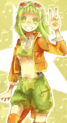 Rule 34 | 1girl, :d, breasts, goggles, goggles on head, green eyes, green hair, grin, gumi, kinomukumama, matching hair/eyes, gumi (v3 megpoid), musical note, navel, open mouth, red-tinted eyewear, shorts, smile, solo, star (symbol), suspenders, tinted eyewear, underboob, v, vocaloid