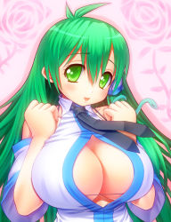 Rule 34 | 1girl, asamura hiori, breasts, center opening, cleavage, detached sleeves, fang, female focus, green eyes, green hair, highres, huge breasts, kochiya sanae, large breasts, long hair, matching hair/eyes, necktie, open mouth, smile, snake, solo, touhou, upper body
