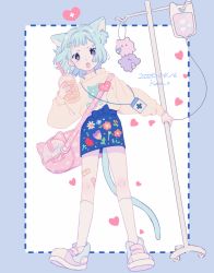 Rule 34 | 1girl, animal ears, artist name, bag, bandaid, blue background, blue hair, bow, cat ears, cat girl, cat tail, clothing request, commentary request, copyright request, cup, dated, drinking straw, duffel bag, hair ornament, hairclip, heart, highres, intravenous drip, jikuno, lanyard, light blue hair, looking at viewer, miniskirt, multicolored eyes, open mouth, pink eyes, purple eyes, shoes, simple background, skirt, socks, solo, tagme, tail, tongue, tongue out, white background