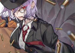 Rule 34 | 1girl, breasts, earrings, fedora, girls&#039; frontline, hat, highres, jacket, jewelry, monocle, necktie, official alternate costume, pipe in mouth, purple hair, red eyes, set xshiver, shell casing, smoking pipe, solo, thompson (girls&#039; frontline)