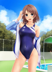 Rule 34 | 1girl, arm behind back, armpits, bare shoulders, blue eyes, blue one-piece swimsuit, blush, breasts, brown hair, caustics, cloud, collarbone, commentary request, covered navel, cowboy shot, day, highleg, highres, jacket, legs apart, long sleeves, looking at viewer, love live!, love live! sunshine!!, medium breasts, nonaka ritsu, one-piece swimsuit, open mouth, outdoors, peeking, short hair, skin tight, smile, solo, solo focus, sparkle, standing, swept bangs, swimsuit, swimsuit under clothes, teeth, thighs, tongue, tongue out, upper teeth only, watanabe you, white jacket