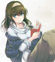 Rule 34 | 10s, 1girl, bad id, bad twitter id, blue eyes, blush, book, breasts, brown hair, closed mouth, collarbone, grey sweater, hair between eyes, hairband, hands up, holding, holding book, idolmaster, idolmaster cinderella girls, long hair, long sleeves, looking at viewer, medium breasts, open book, ribbed sweater, sagisawa fumika, shawl, shuttle (ksb0123), sitting, solo, sweater