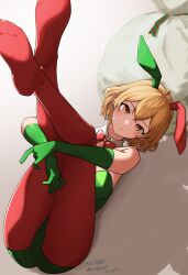 Rule 34 | 1girl, alternate costume, animal ears, bandaid, bow, bowtie, breasts, christmas, closed mouth, dated, detached collar, elbow gloves, fake animal ears, gloves, green gloves, green leotard, highres, hugging own legs, kantai collection, legs up, leotard, light brown hair, looking at viewer, lying, no shoes, oboro (kancolle), on back, orange eyes, pantyhose, playboy bunny, rabbit ears, red bow, red bowtie, red pantyhose, sack, shadow, short hair, simple background, soles, solo, twitter username, umibudou