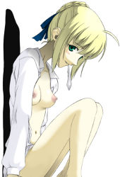 Rule 34 | 00s, 1girl, ahoge, artoria pendragon (fate), blonde hair, blue eyes, blush, condom, condom in mouth, fate/stay night, fate (series), green eyes, mouth hold, nipples, nude, open clothes, open shirt, ribbon, saber (fate), shirt, solo, used condom