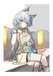 Rule 34 | 1girl, :o, animal ear fluff, animal ear piercing, animal ears, arknights, bare shoulders, blush, breasts, cat ears, cat tail, cleavage, cleavage cutout, clothing cutout, covered erect nipples, dress, earrings, extra ears, fingerless gloves, gloves, green eyes, grey gloves, hair between eyes, hand up, highres, jewelry, long hair, looking at viewer, pelvic curtain, rosmontis (arknights), shirt, sitting, sleeveless, sleeveless shirt, small breasts, solo, tail, tassel, tassel earrings, very long hair, whate=3r, white dress