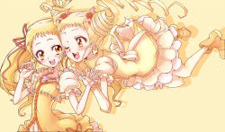 Rule 34 | 00s, 2girls, blonde hair, bow, cone hair bun, cure lemonade, double bun, dress, drill hair, dual persona, earrings, flower, frills, hair bun, hair flower, hair ornament, holding hands, jewelry, kasugano urara (yes! precure 5), long hair, magical girl, multiple girls, one eye closed, precure, puffy sleeves, ribbon, shoes, skirt, smile, sumiosmith, twin drills, twintails, wink, yellow background, yellow dress, yellow eyes, yellow skirt, yellow theme, yes! precure 5