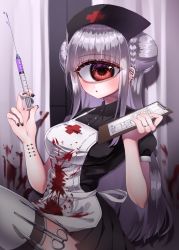Rule 34 | 1girl, apron, arm piercing, azen (mntimcczgrtn), blood, blood on clothes, blunt bangs, blush, braid, braided bun, clipboard, collared shirt, cyclops, double bun, dress, ear piercing, earrings, finger piercing, grey hair, hair bun, hat, highres, holding, holding clipboard, holding syringe, holster, jewelry, knee up, long hair, looking to the side, monster girl, multiple earrings, nurse, nurse cap, one-eyed, original, parted lips, piercing, pleated dress, red eyes, scalpel, scissors, shirt, short dress, short sleeves, skindentation, solo, syringe, thigh holster, thighhighs, very long hair