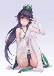 Rule 34 | 1girl, ass, black hair, black panties, blush, elbow gloves, feet, full body, gloves, green eyes, long hair, looking at viewer, mool yueguang, no shoes, onmyoji, panties, ponytail, sitting, smile, soles, thighhighs, toes, underwear, v, very long hair, white gloves, white thighhighs, ying grass