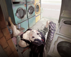 Rule 34 | 1girl, absurdres, black hair, breasts, brown eyes, can, feet on table, hair ornament, hairclip, head back, highres, holding, holding clothes, holding shirt, indoors, laundromat, long hair, looking at viewer, looking back, magazine (object), matsuura kento, original, shirt, sitting, small breasts, top-load washing machine, trash can, washing machine