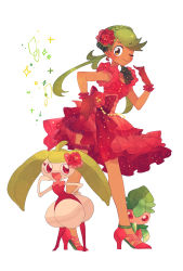 Rule 34 | &gt;;), 1girl, :d, ;), asymmetrical clothes, blush, braid, creatures (company), crown braid, dark-skinned female, dark skin, dress, earrings, flower, fomantis, formal, frilled dress, frilled sleeves, frills, full body, game freak, garter belt, gen 7 pokemon, gloves, green eyes, green hair, hair flower, hair ornament, hand on own hip, high heels, highres, jewelry, long hair, looking at viewer, mallow (pokemon), nintendo, one eye closed, open mouth, pokemon, pokemon (creature), pokemon sm, red eyes, rose, sarami (sa rami30), simple background, smile, steenee, thigh strap, trial captain, twintails, v-shaped eyebrows, white background, yellow eyes