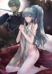 Rule 34 | 1boy, 1girl, alternate hairstyle, aqua hair, armor, bare shoulders, bed, blue eyes, blue hair, bra, candle, cape, chandelier, covering privates, covering breasts, eirika (fire emblem), ephraim (fire emblem), fire emblem, fire emblem: the sacred stones, fire emblem heroes, highres, imagining, indoors, light particles, long hair, nintendo, off shoulder, panties, solo focus, taka9 syumiaka, thighhighs, underwear, underwear only, very long hair, white bra, white panties, white thighhighs
