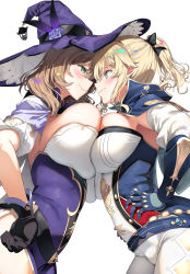 Rule 34 | 2girls, armpits, asahina hikage, asymmetrical docking, black gloves, blonde hair, blue cape, blue eyes, blush, breast envy, breast press, breasts, brown hair, cape, closed mouth, corset, cross, cross earrings, detached sleeves, dress, earrings, eye contact, flower, from below, from side, garter straps, genshin impact, gloves, green eyes, hair between eyes, hand on own hip, hat, hat flower, hat ornament, highres, jean (genshin impact), jewelry, lantern, large breasts, lisa (genshin impact), long hair, long sleeves, looking at another, multiple girls, pants, pelvic curtain, purple dress, purple flower, purple rose, rose, short hair, short ponytail, short sleeves, sideboob, simple background, smile, underbust, v-shaped eyebrows, wavy mouth, white background, white pants, witch hat