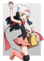 Rule 34 | 1girl, :d, bag, beanie, bike shorts, bike shorts under skirt, blue eyes, blue hair, boots, creatures (company), dawn (pokemon), game freak, grey background, hair ornament, hairclip, hat, highres, holding, holding bag, holding poke ball, leg up, long hair, looking at viewer, nintendo, open mouth, outside border, over-kneehighs, pink footwear, poke ball, poke ball (basic), pokemon, pokemon dppt, scarf, simple background, skirt, smile, solo, thighhighs, white hat, yoshi (moco1)