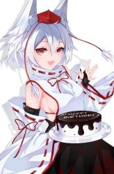 Rule 34 | 1girl, :3, :d, absurdres, animal ear fluff, animal ears, breasts, bridal gauntlets, cake, detached sleeves, food, hair between eyes, hand up, happy birthday, hat, highres, holding, holding cake, holding food, inubashiri momiji, light blush, long sleeves, open mouth, red hat, ringo no usagi (artist), short hair, sideboob, simple background, smile, solo, tail, tokin hat, touhou, white background, white hair, wide sleeves, wolf ears, wolf tail, ||/