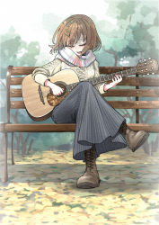 Rule 34 | 1girl, acoustic guitar, aran sweater, autumn leaves, bench, bob cut, boots, brown footwear, brown hair, brown legwear, cable knit, casual, closed eyes, commentary, cross-laced footwear, crossed legs, etokakaitari, foliage, full body, guitar, hair ornament, hairclip, head down, highres, hirasawa yui, holding, holding instrument, holding plectrum, instrument, k-on!, knee boots, lace-up boots, leaf, long skirt, long sleeves, music, on bench, open mouth, outdoors, park, park bench, pinstripe pattern, pinstripe skirt, playing instrument, plectrum, scarf, shaded face, shadow, short hair, singing, sitting, skirt, solo, striped clothes, striped neckwear, striped scarf, sweater, texture, tree, white scarf, white sweater, wind