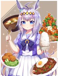 Rule 34 | 1girl, :t, absurdres, animal ears, black bow, black hair, blue eyes, blue shirt, blush, bow, bowl, breasts, closed mouth, commentary request, croquette, cucumber, cucumber slice, eating, egg (food), food, food request, fried egg, grey hair, highres, holding, holding bowl, holding spoon, horse ears, kaoling, miso soup, multicolored hair, oguri cap (umamusume), pleated skirt, puffy short sleeves, puffy sleeves, purple hair, rice, rice bowl, shirt, short sleeves, skirt, small breasts, solo, spoon, two-tone hair, umamusume, yakisoba