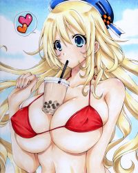 Rule 34 | 1girl, absurdres, atago (kancolle), bikini, blonde hair, blue eyes, breasts, bubble tea challenge, cloud, covered erect nipples, drinking, hat, heart, highres, hmdark-9, kantai collection, large breasts, long hair, outdoors, red bikini, sky, solo, swimsuit, traditional media, very long hair