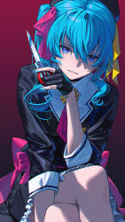 Rule 34 | 1girl, black dress, black gloves, black hat, blue eyes, blue hair, crossed ankles, dress, feet out of frame, gloves, gradient background, hair between eyes, hair ribbon, hat, highres, holding, holding scissors, hololive, hoshimachi suisei, long hair, long sleeves, looking at viewer, parted lips, partially fingerless gloves, pink ribbon, ribbon, scissors, sitting, solo, star (symbol), star in eye, symbol in eye, virtual youtuber, whitem (whiteemperor2020), yellow ribbon